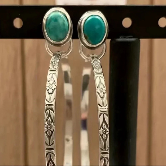 2 LEFT! Bohemian Turquoise Silver Hoop Earrings - Picture 3 of 5